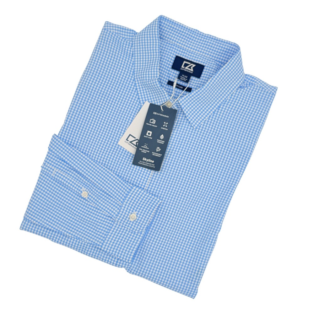 Cutter & Buck Skyline Eco Gingham‎ LS Dress Shirt Blue White Mens Medium NWT